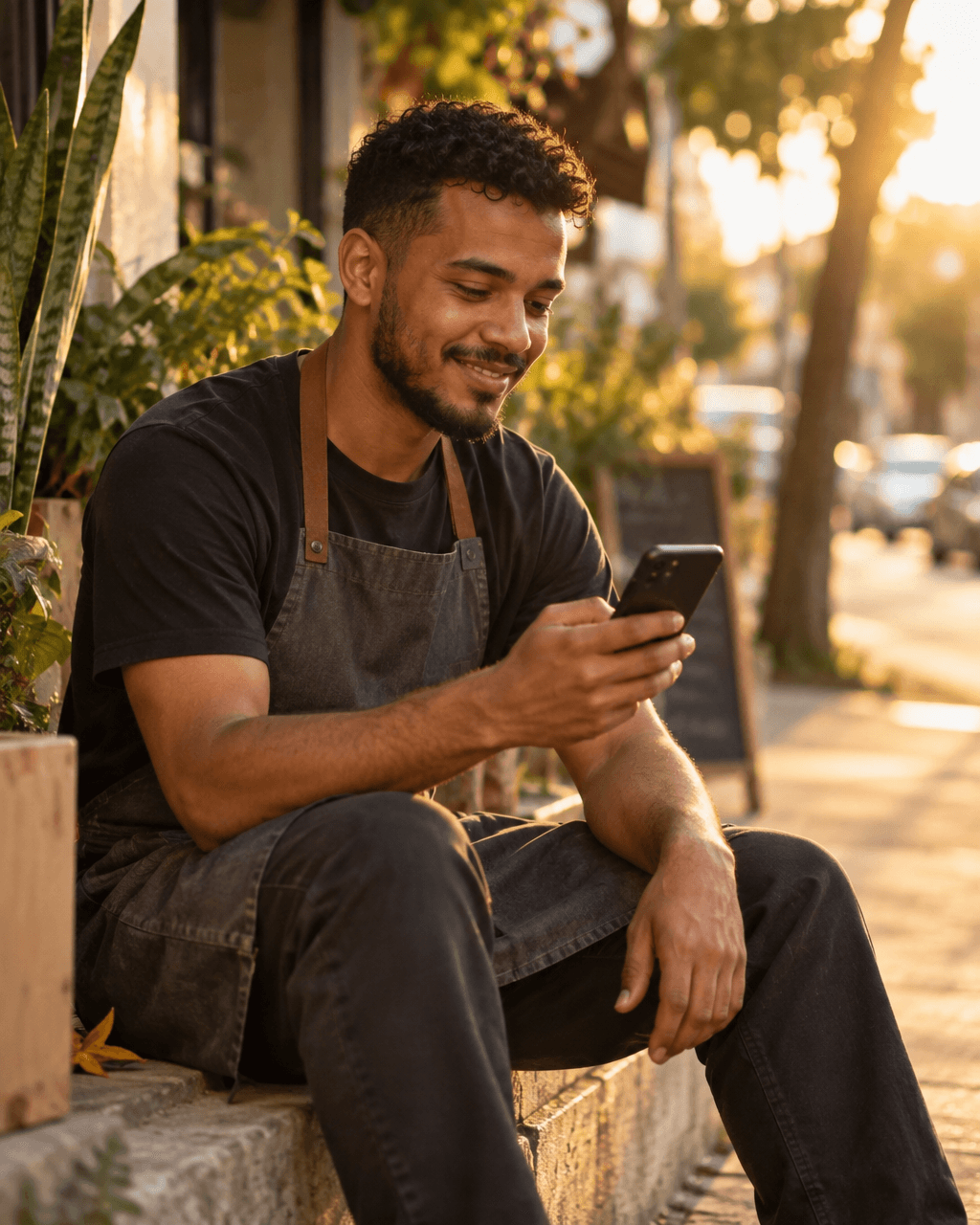 Colaborador tranquilo olhando o celular durante uma pausa no trabalho