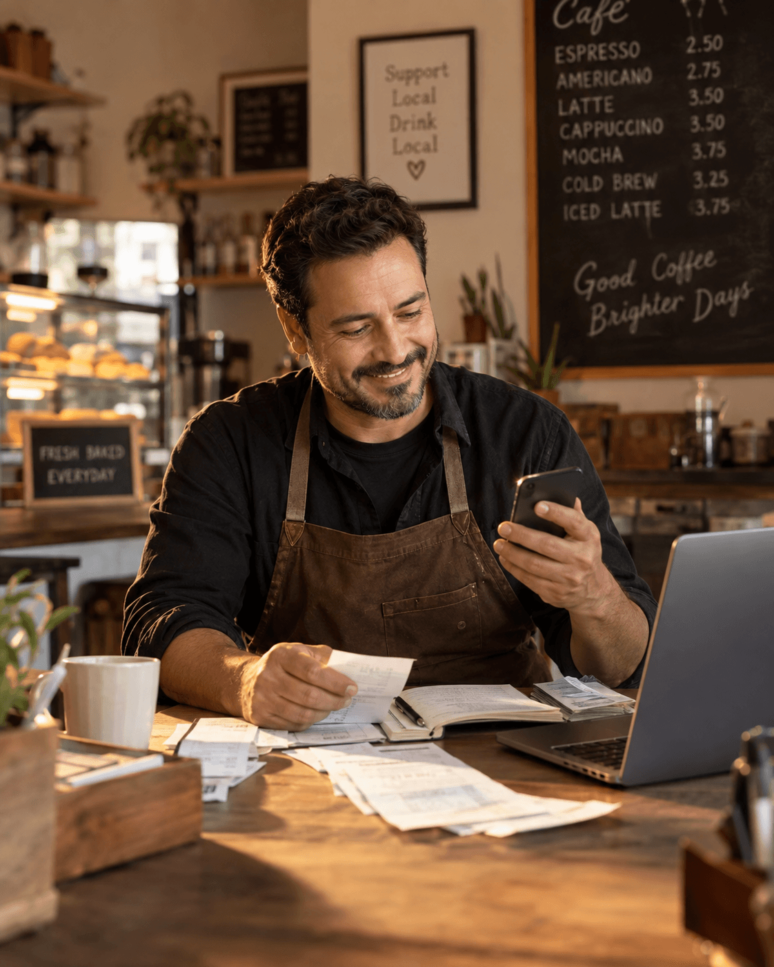 Empresário organizando boletos e conferindo a antecipação pelo celular