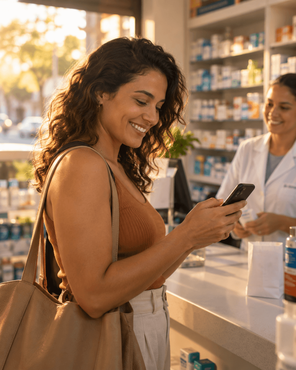 Colaboradora sorrindo ao usar o celular na farmácia, aproveitando um benefício
