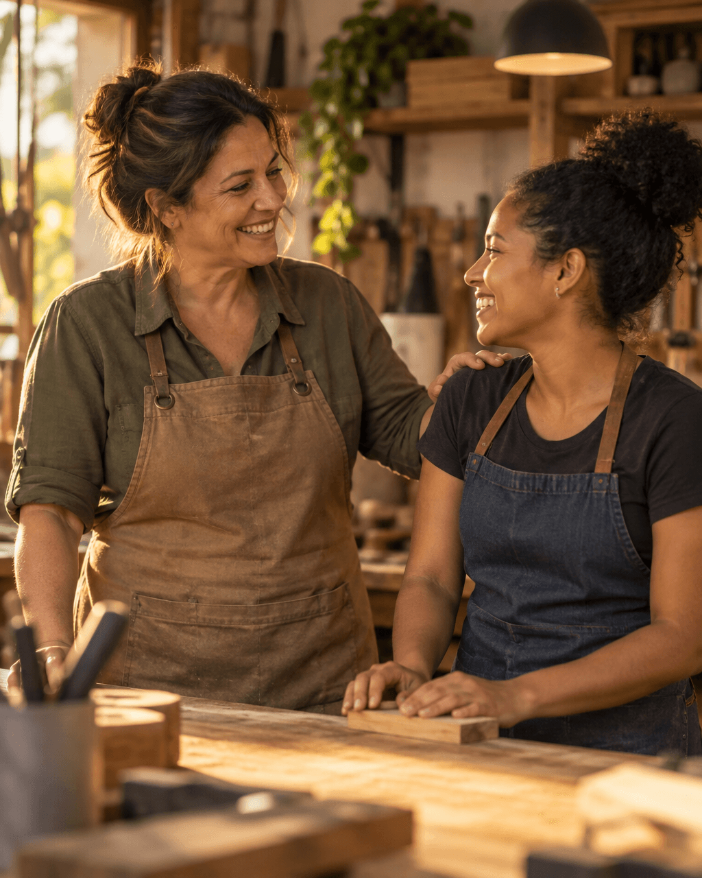 Gestora e colaboradora conversando de forma próxima na oficina